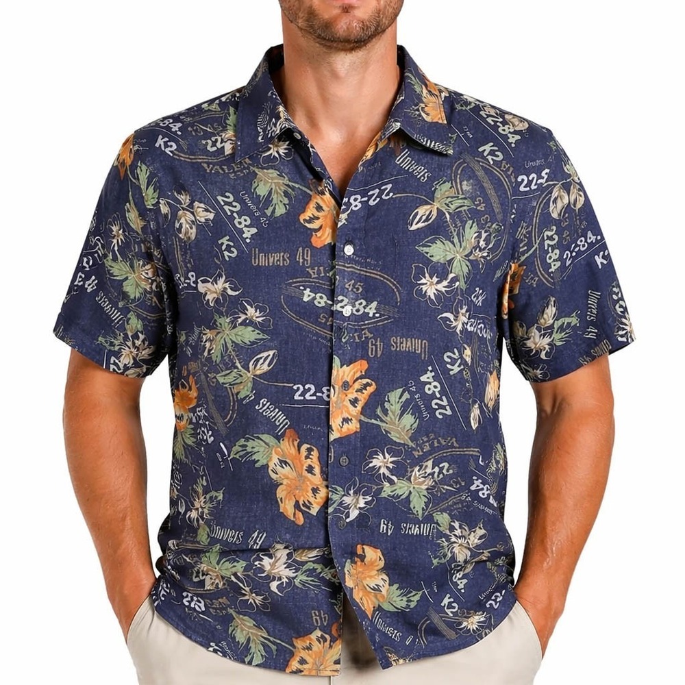 Izod Washable Hawaiian‎ Aloha Shirt XL Silk Hibiscus Flowers Words Numbers Blue